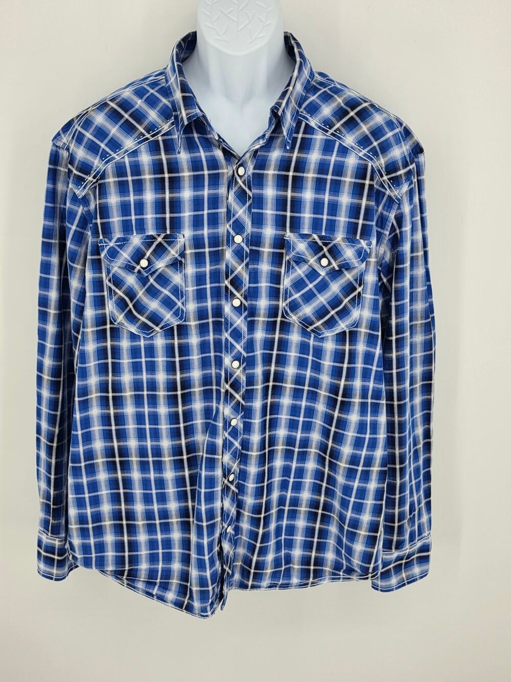 Rock & Roll Cowboy Shirt XL Blue White Plaid Long Sleeve Pearl Snap Western
